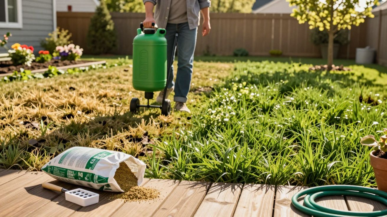 Pessoa aplicando fertilizante em gramado com sacola de adubo, regador e mangueira ao redor em jardim ensolarado.