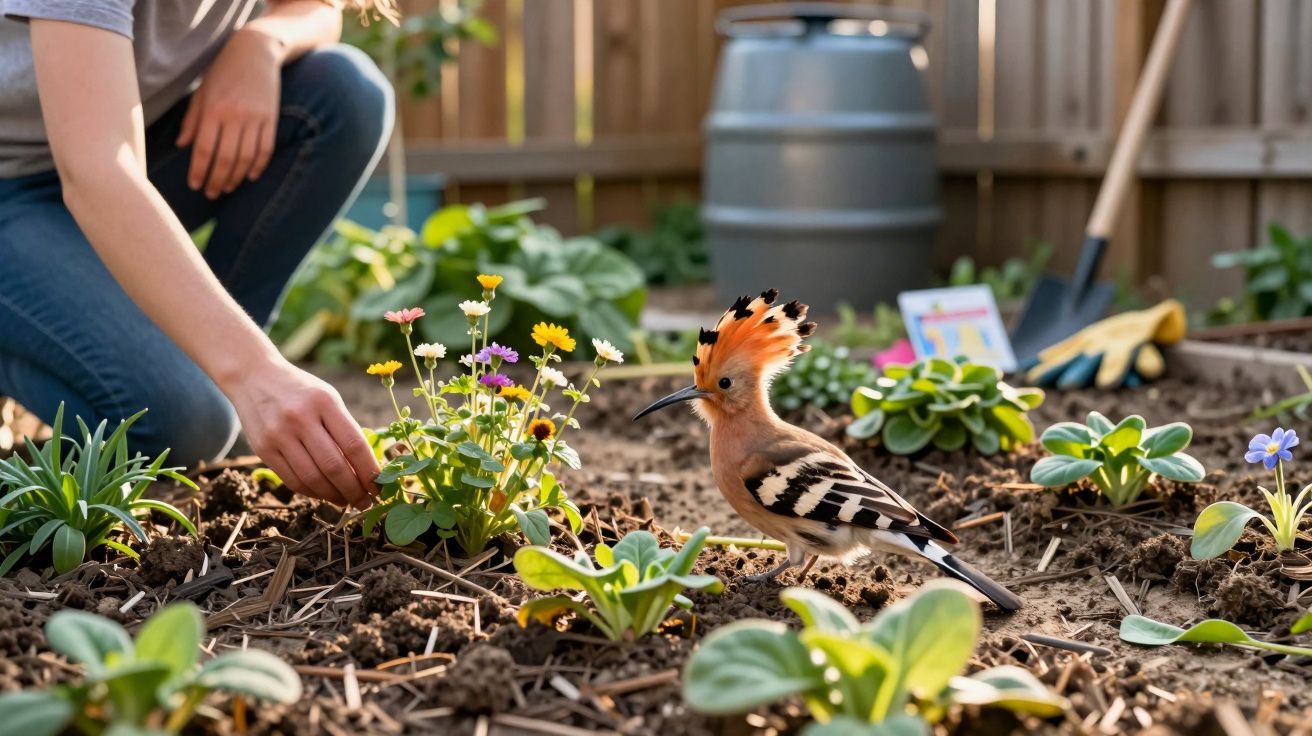 Pessoa cuidando de plantas no jardim enquanto um pássaro com pena laranja na cabeça está perto no chão.