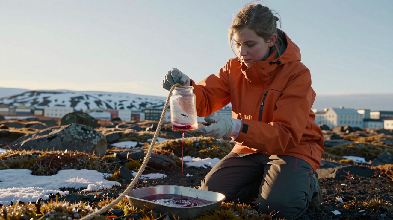 Mulher com roupa de frio coleta amostra líquida vermelha em jarra ao ar livre, em área com neve e montanhas ao fundo.