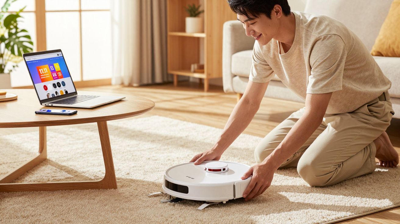 Homem ajustando aspirador robô branco em sala de estar com tapete e mesa de centro.
