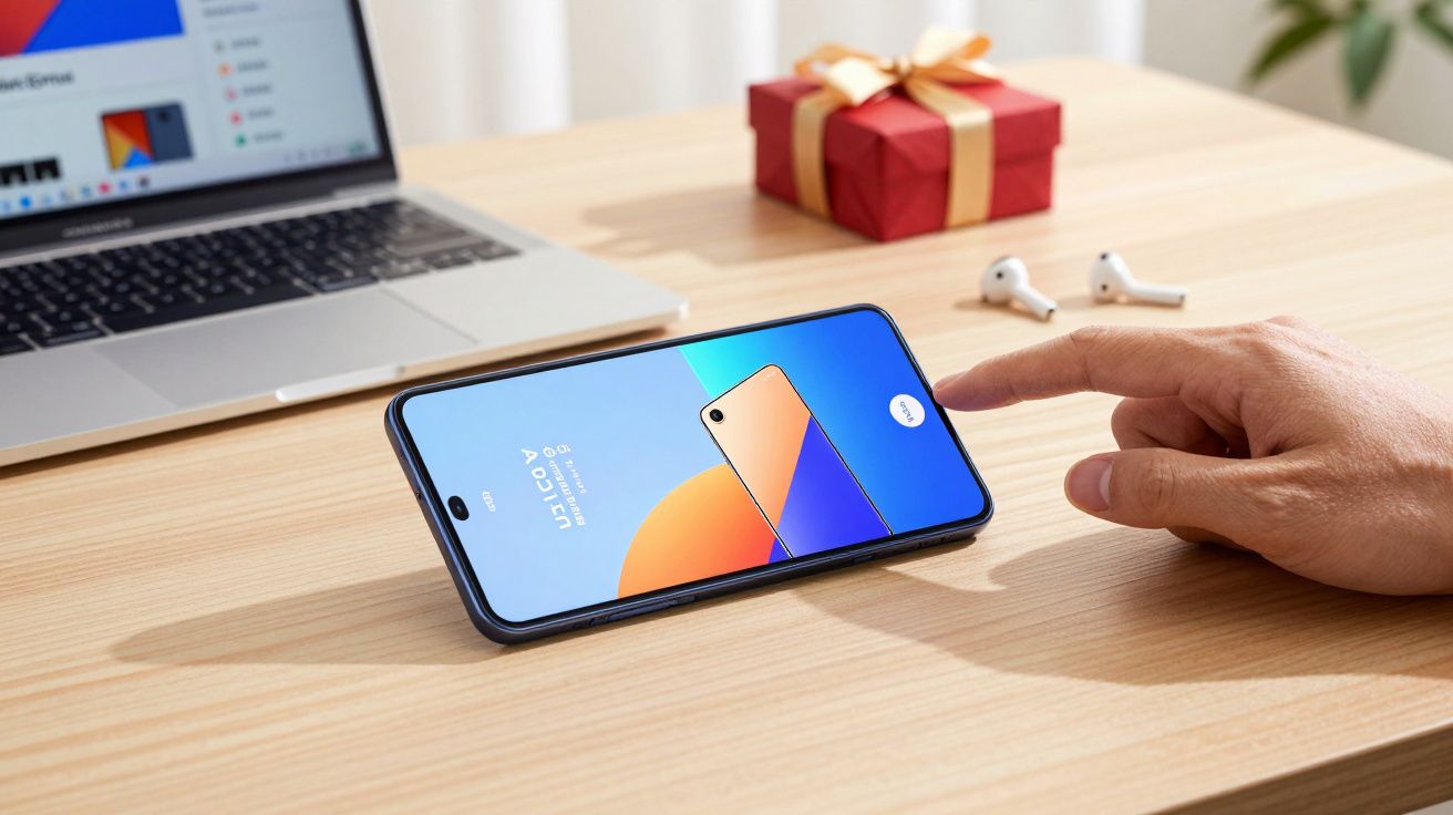 Celular na mesa exibindo imagem de smartphone, com mão pronta para tocar a tela, fones sem fio e notebook ao fundo.