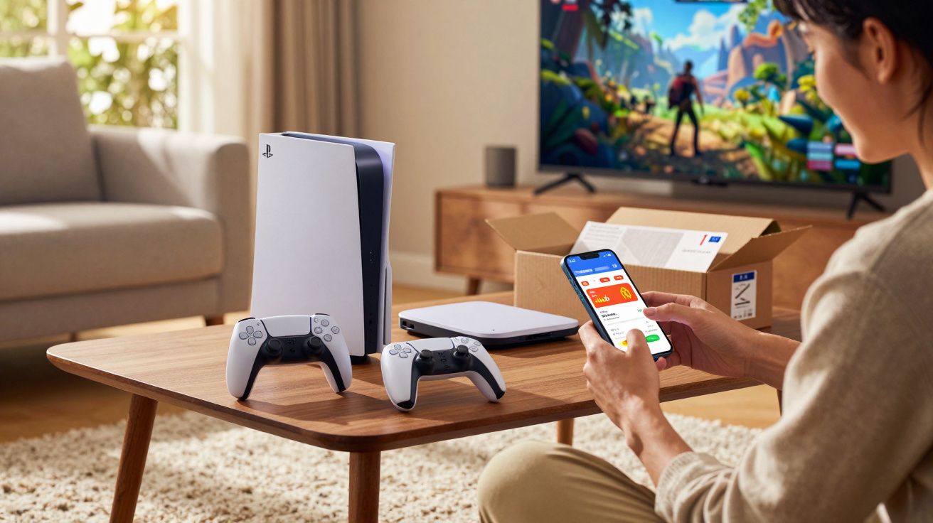 Pessoa segurando celular perto de console PlayStation 5 e controles sobre mesa em sala de estar.