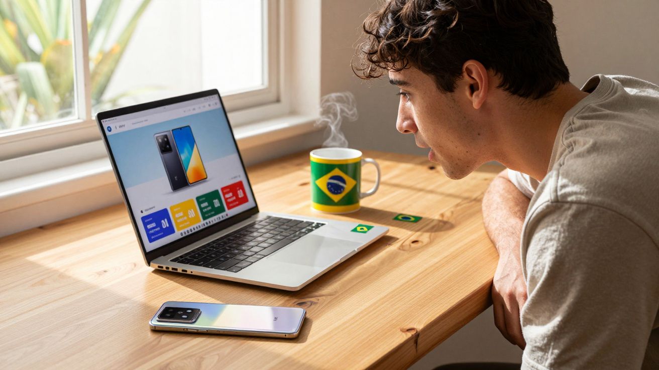 Jovem olhando para notebook aberto em mesa com smartphone e caneca com a bandeira do Brasil.