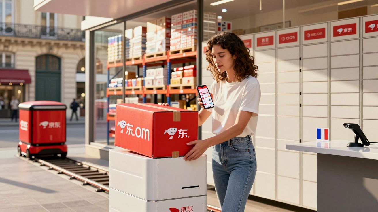 Mulher usando celular para retirar pacote vermelho de armário inteligente em área urbana moderna.
