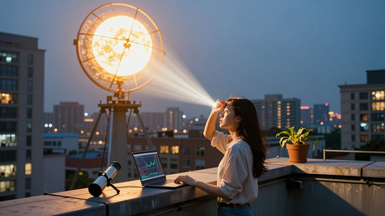 Mulher observa uma luz forte simulando o sol em tripé na cobertura ao entardecer, com laptop e telescópio.