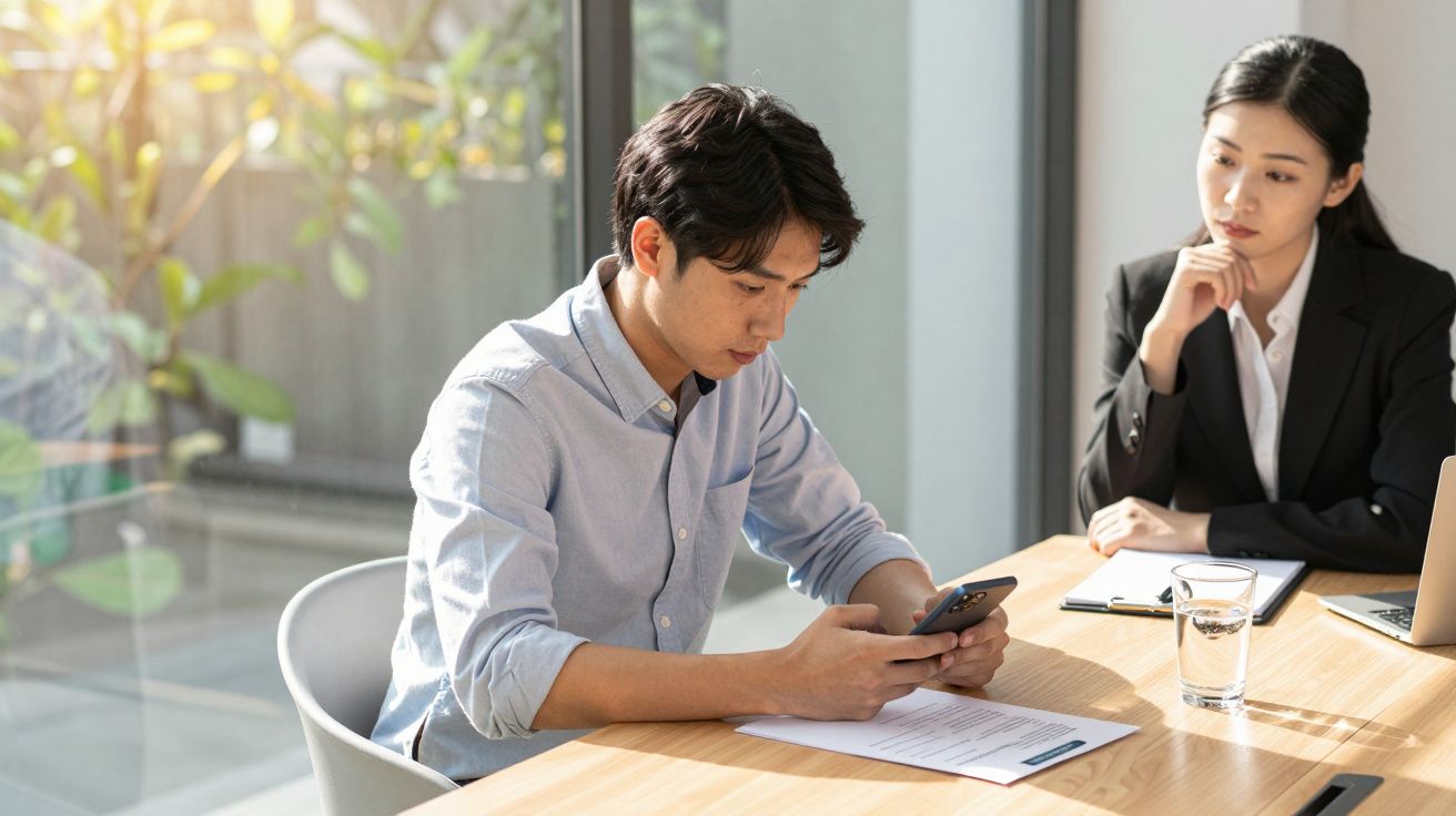 Homem conferindo celular enquanto mulher observa durante reunião em escritório iluminado.