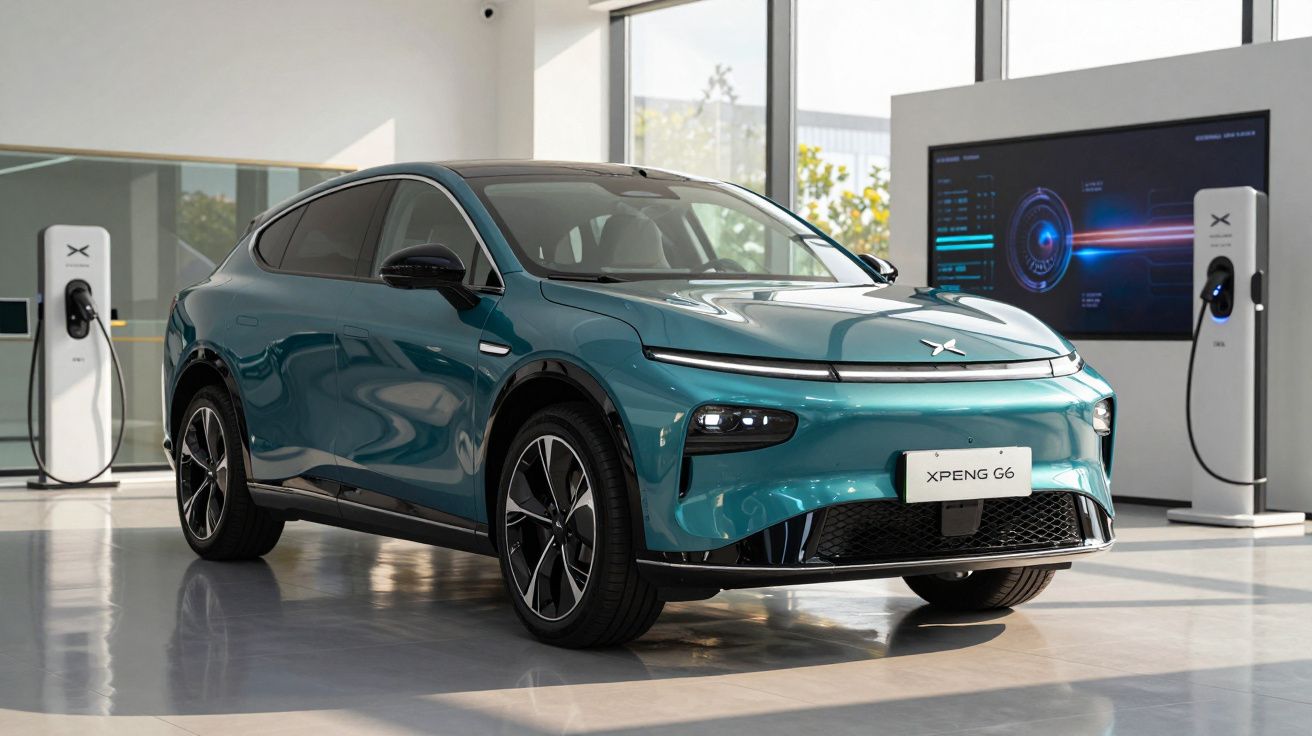 Carro elétrico XPeng G6 azul em exposição, com estações de carregamento e tela digital ao fundo.