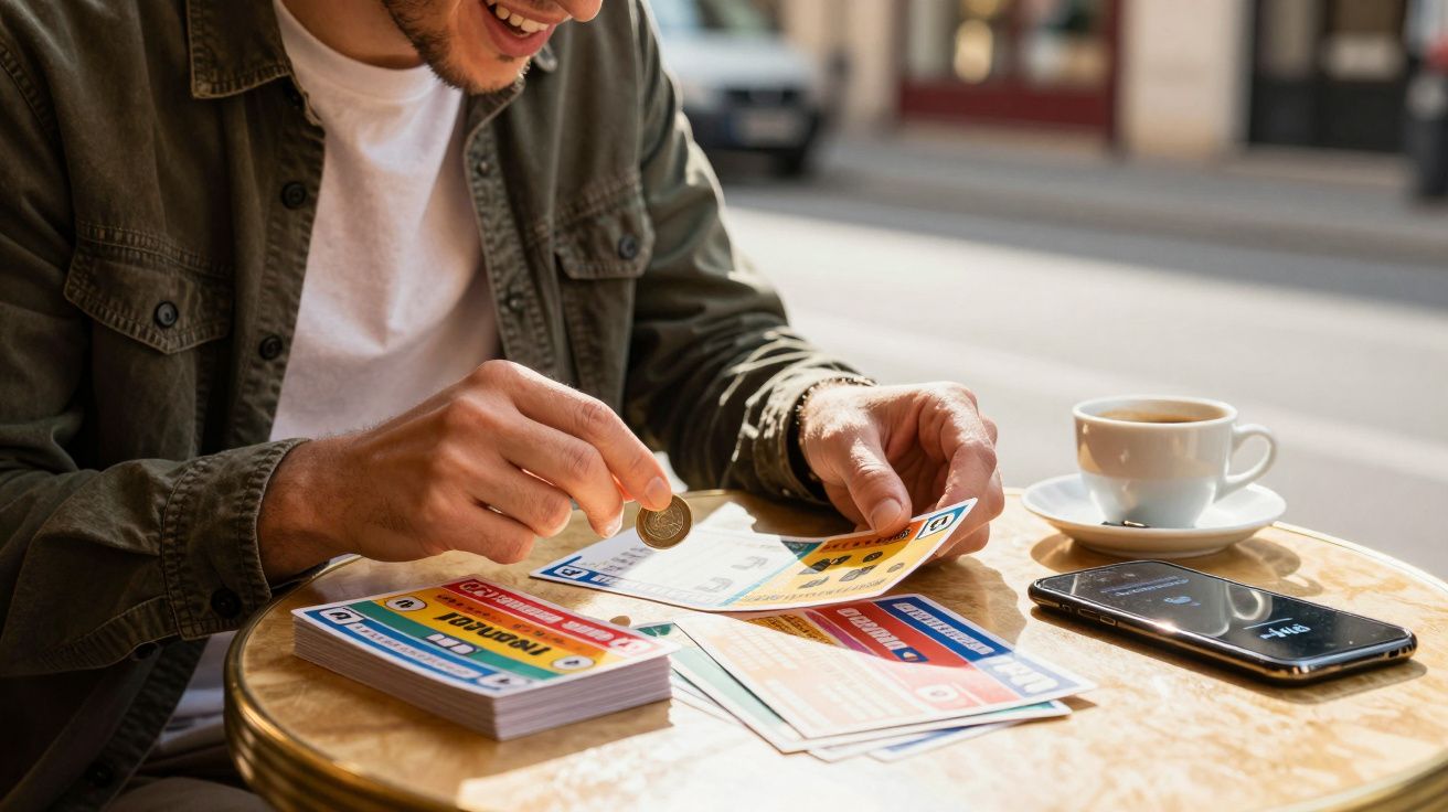 Homem sorrindo jogando raspadinha em mesa com celular e xícara de café ao lado.