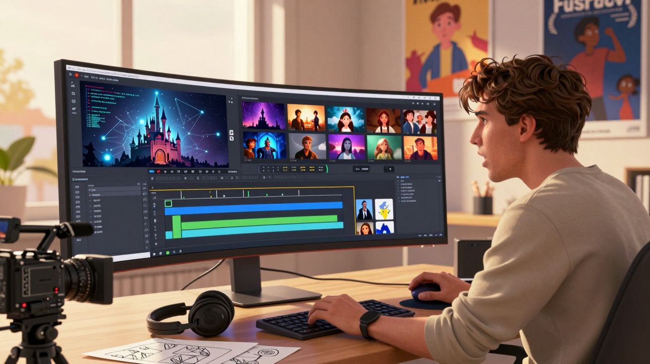 Jovem editando vídeo de animação em monitor ultrawide, com câmera, fones e desenhos na mesa em ambiente iluminado.