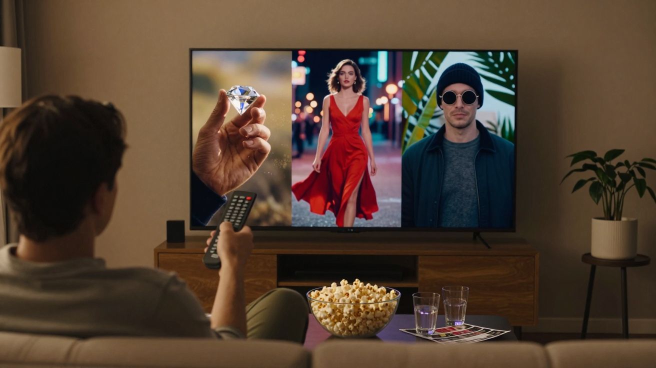 Pessoa assistindo televisão com imagens de um diamante, mulher de vestido vermelho e homem com óculos escuros.