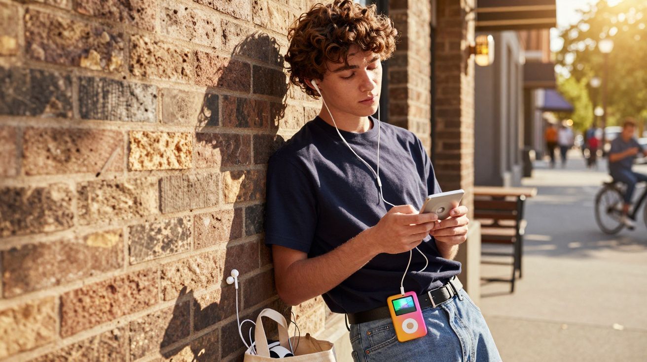 Jovem encostado em parede de tijolos ouvindo música com fones de ouvido e segurando celular na rua.