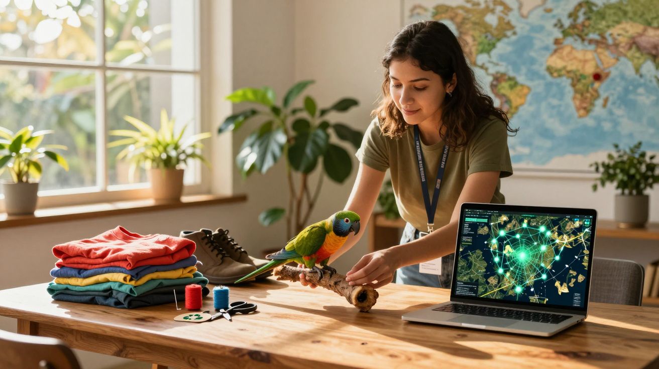 Mulher interage com papagaio em mesa de madeira com laptop, roupas dobradas e mapa mundi ao fundo.