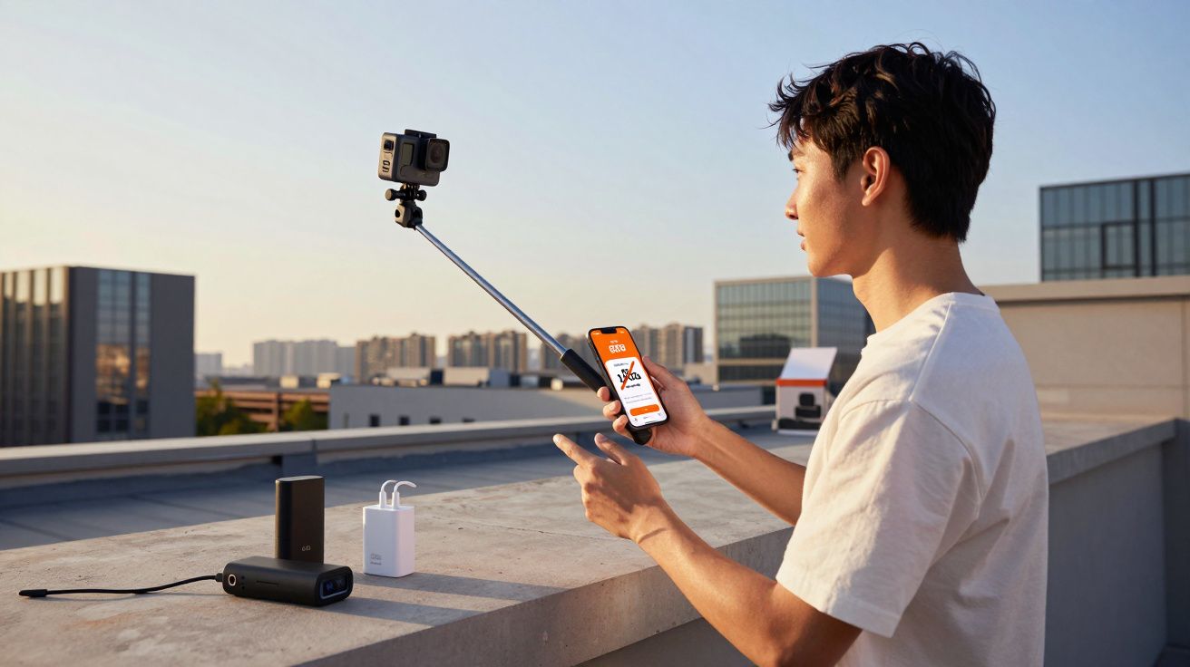 Jovem usando selfie stick com câmera GoPro e celular no terraço de prédio ao pôr do sol.