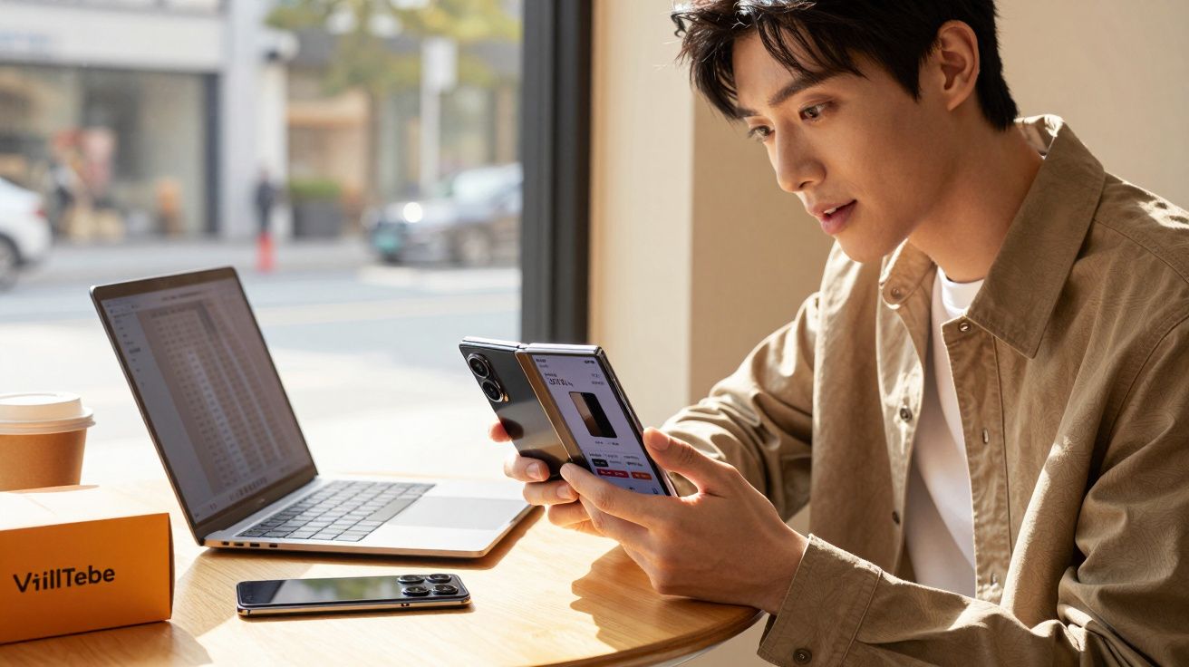 Jovem homem usando smartphone dobrável em mesa com laptop, caixa laranja e copo de café em ambiente iluminado.