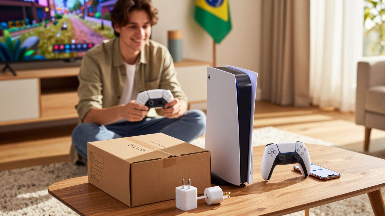 Jovem sentado no chão jogando videogame com controle, console, caixa e carregadores na mesa à frente.