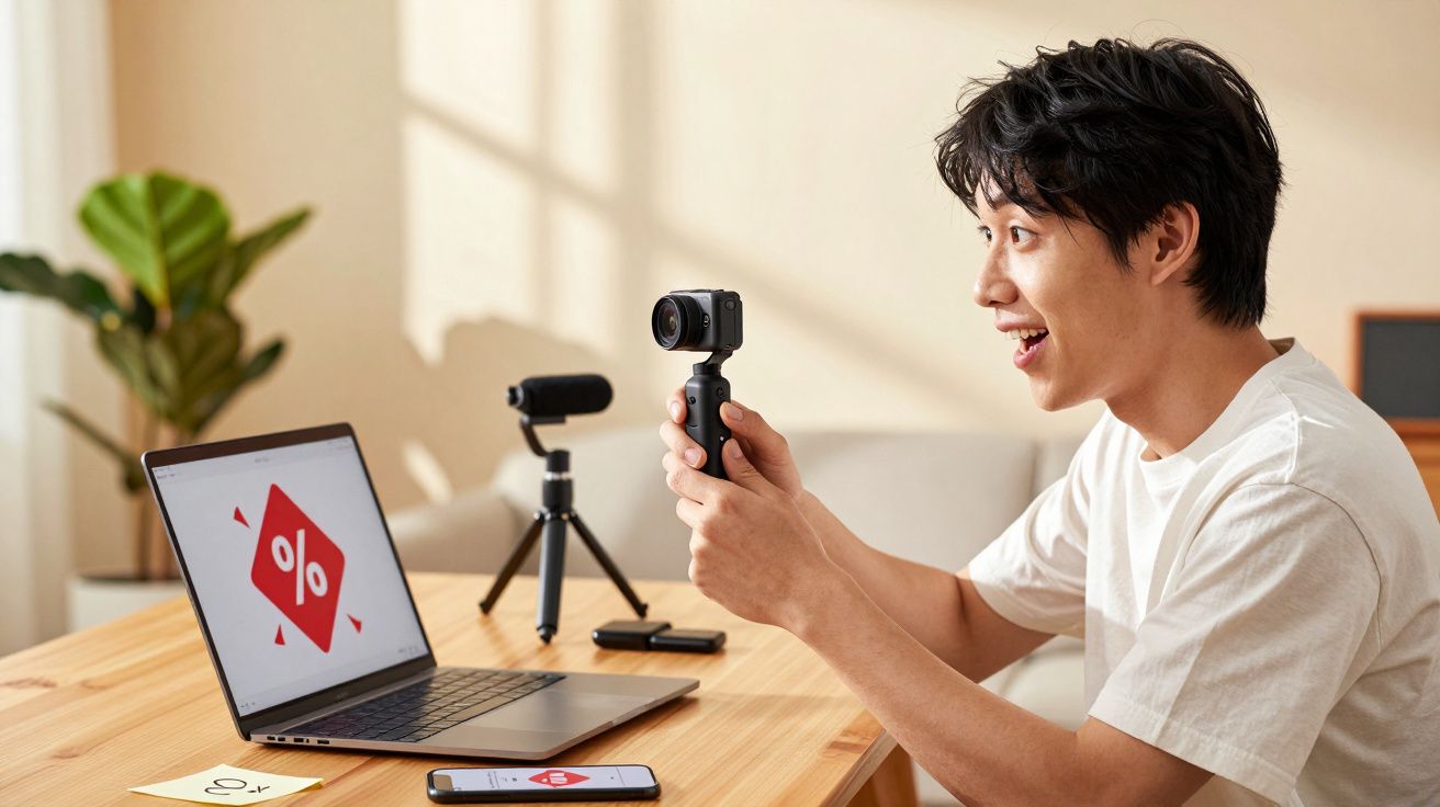 Homem grava vídeo com câmera pequena em mesa com notebook e celular exibindo símbolo de desconto.