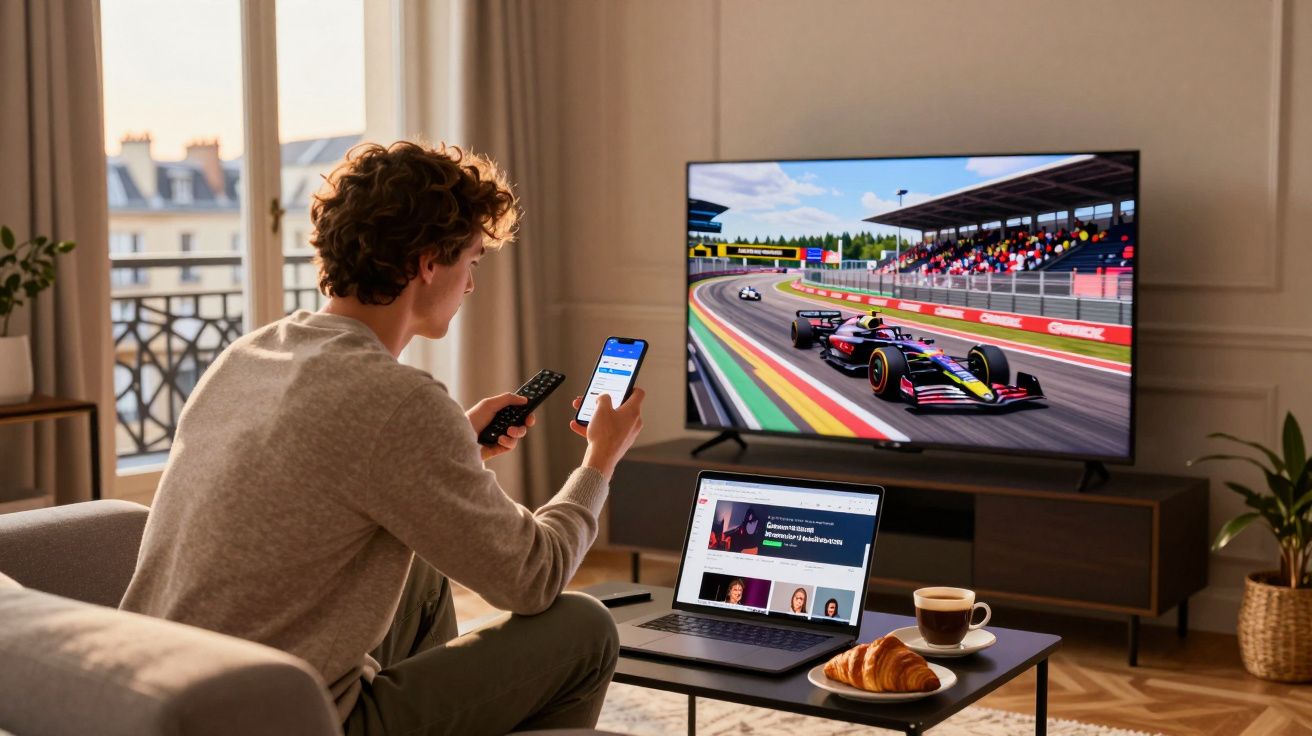 Homem sentado no sofá usando celular e controle remoto, assistindo corrida de carros na TV com notebook e café na mesa.