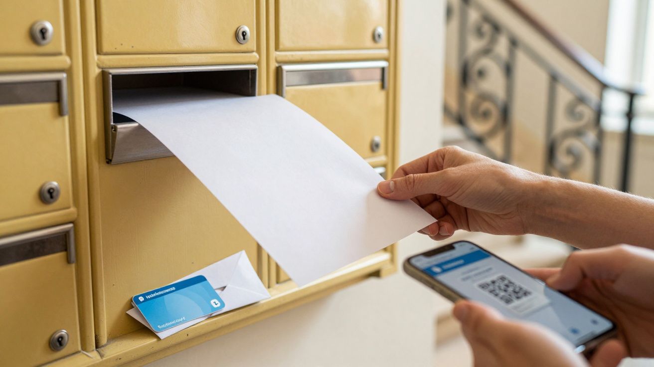 Pessoa retirando correspondência de caixa postal amarela segurando smartphone com código QR na tela.