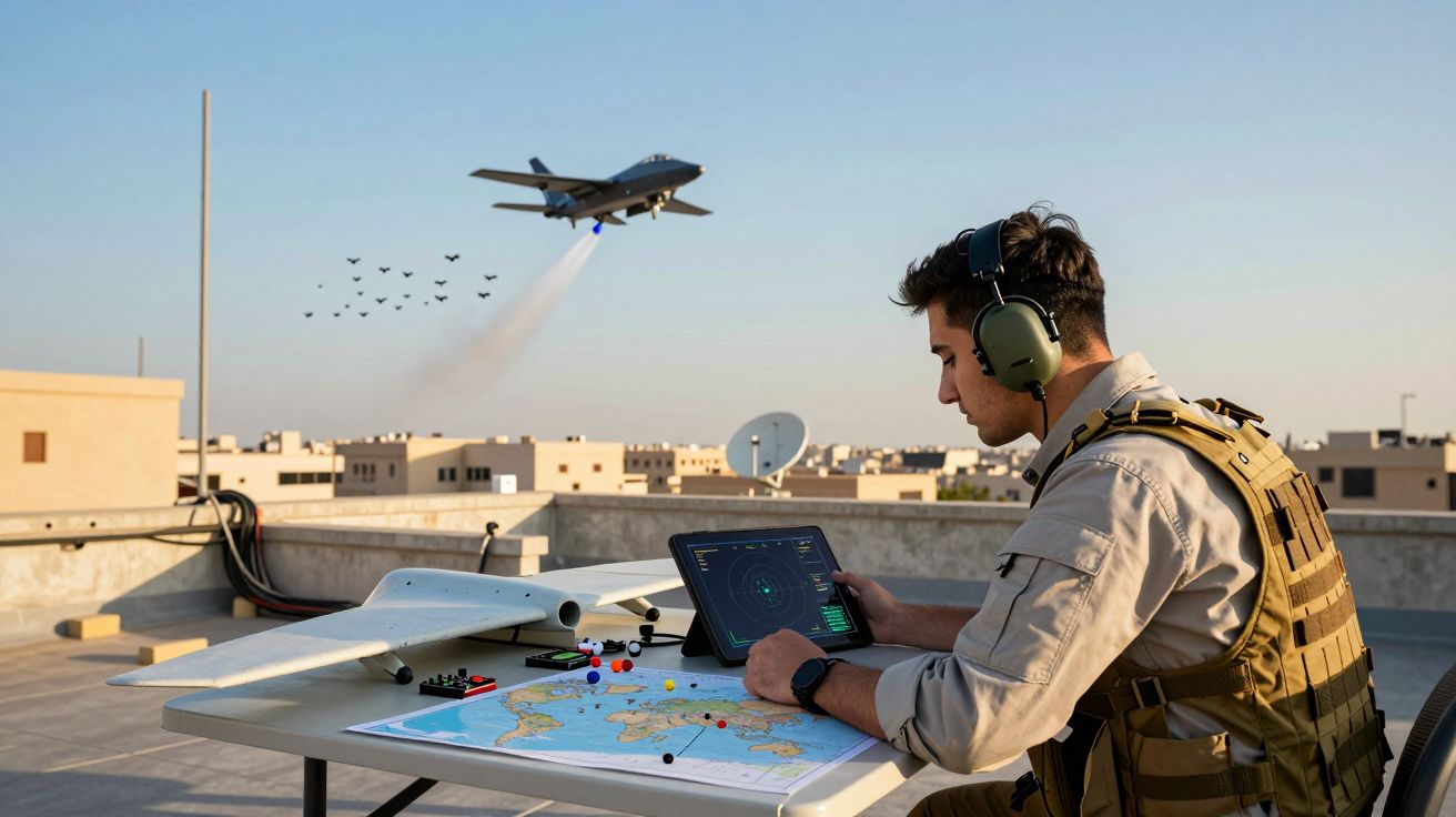 Homem com fones e colete militar controla drone em mesa com mapa e tablet em área urbana ao entardecer.