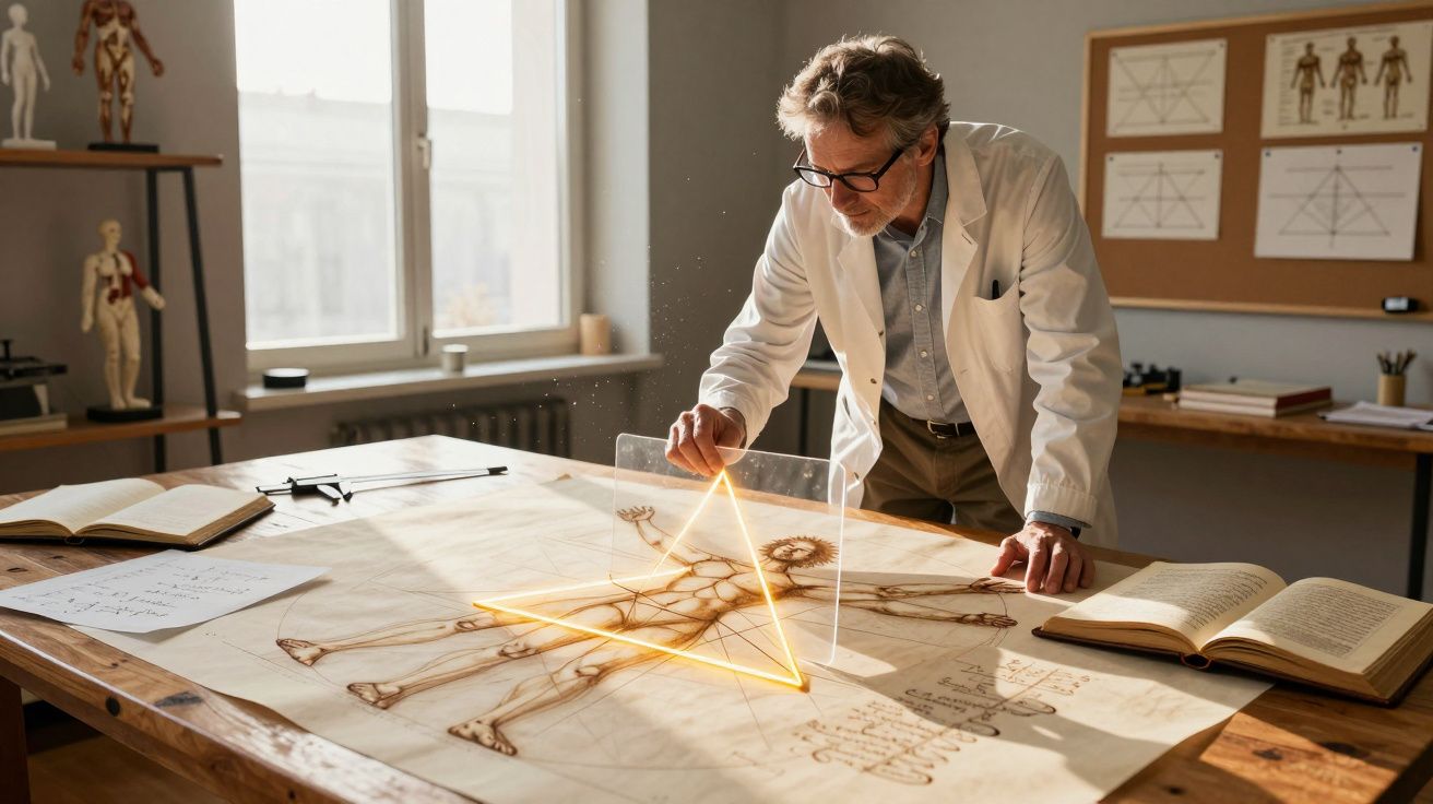 Homem em jaleco usando triângulo iluminado para estudar desenho anatômico sobre mesa de madeira.