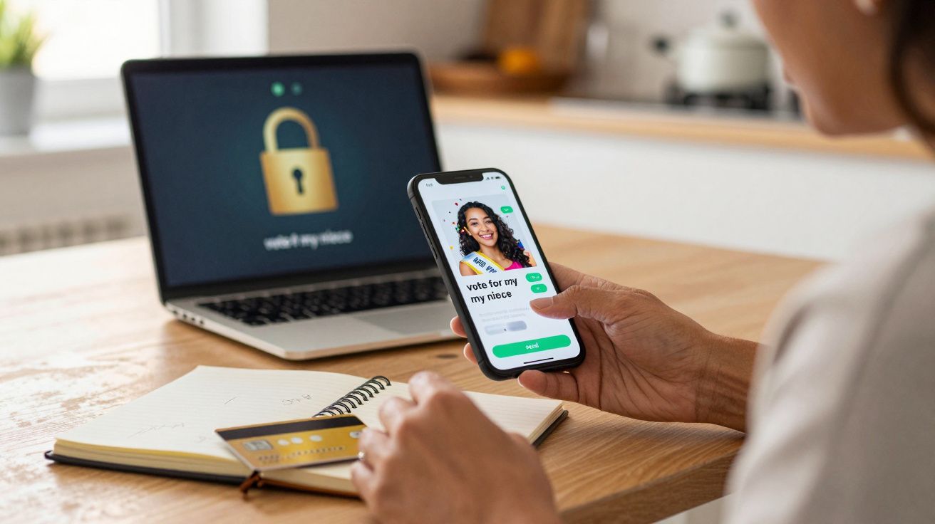 Pessoa segurando celular com votação online, laptop com bloqueio de tela e cartão de crédito sobre a mesa.