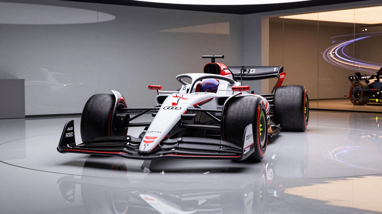 Carro de Fórmula 1 da Audi com design moderno em exposição em ambiente claro e refletivo.