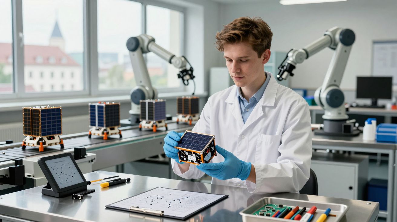 Cientista com jaleco branco segurando satélite em miniatura em laboratório com equipamentos e robôs industriais.
