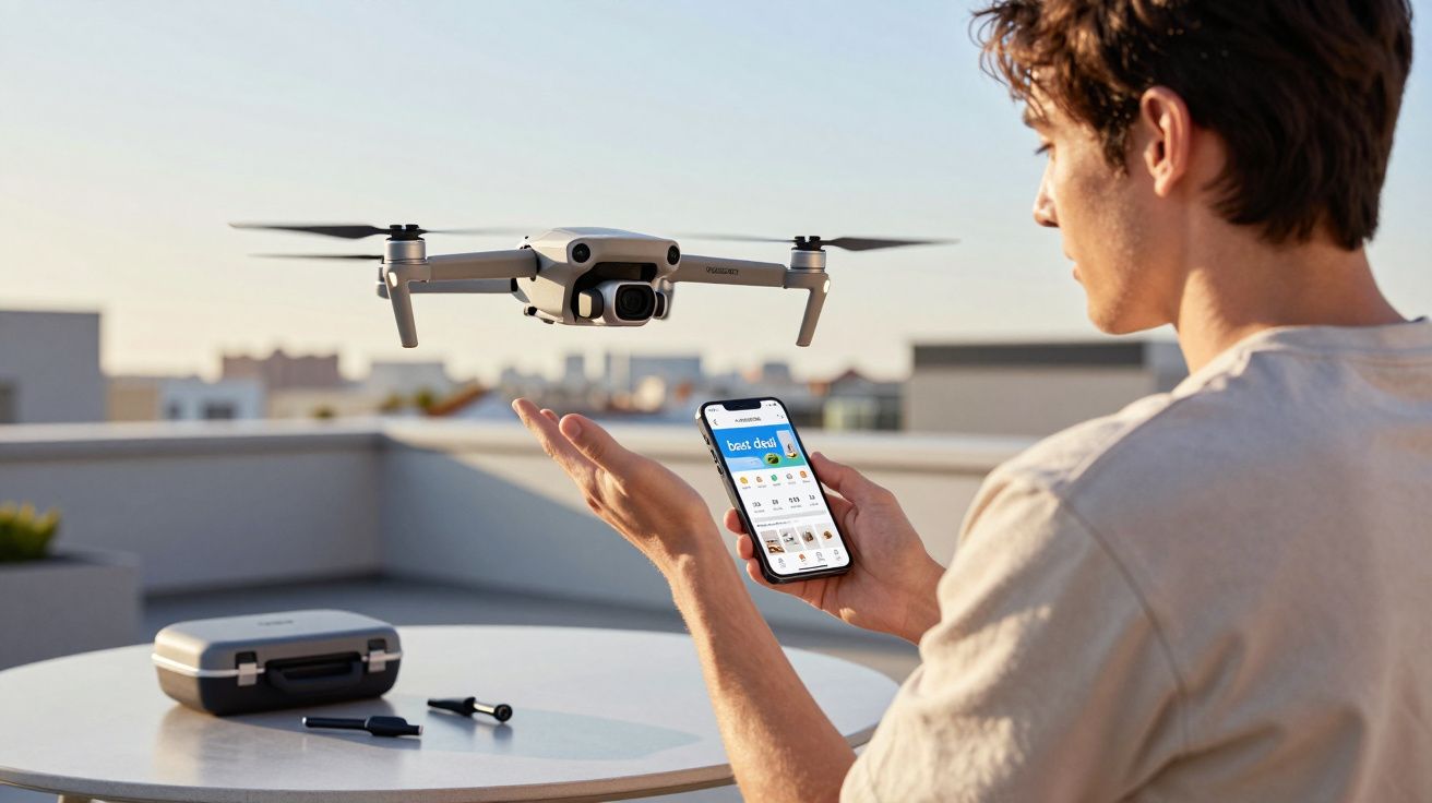 Homem controla drone cinza com smartphone em área externa durante o dia, mesa com case e acessórios ao lado.