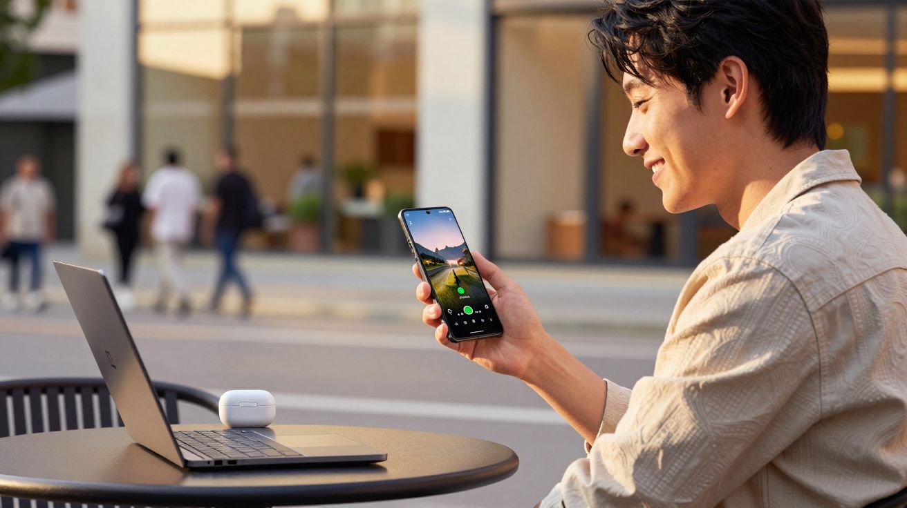 Jovem sorridente segurando smartphone com laptop e fones sobre mesa em ambiente urbano ao ar livre.