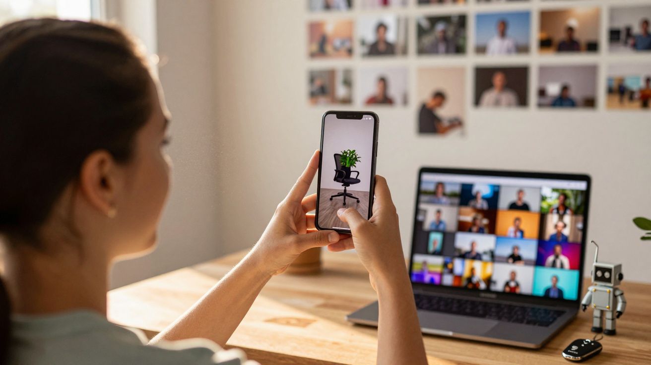 Pessoa segurando celular com foto de cadeira de escritório, com laptop em videoconferência ao fundo.