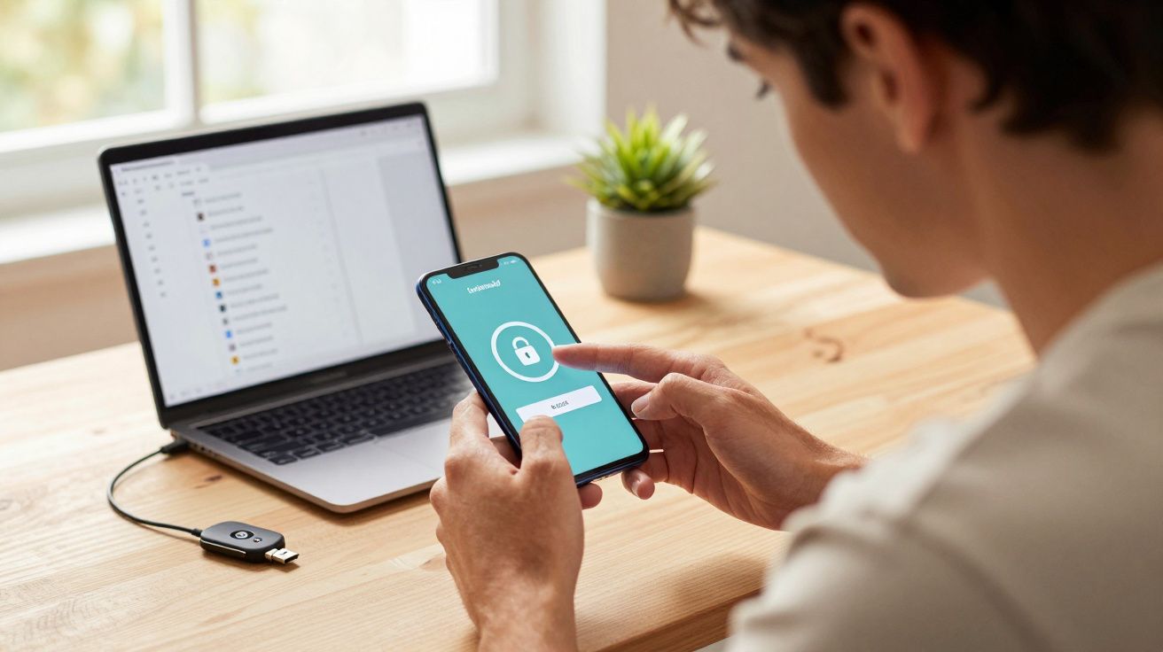 Pessoa usando smartphone com tela de segurança ao lado de laptop em mesa de madeira.