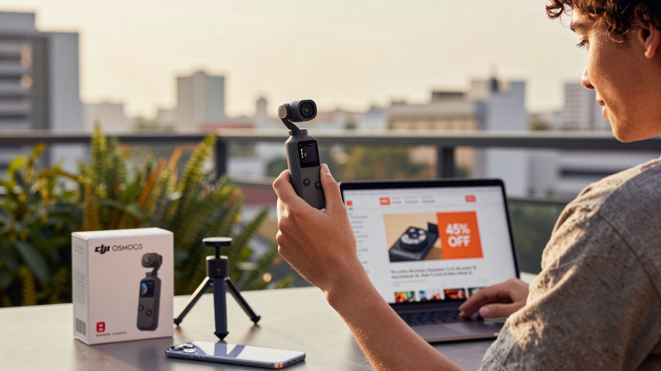 Pessoa segurando estabilizador de câmera DJI Osmo Pocket ao ar livre com laptop e caixa do produto na mesa.