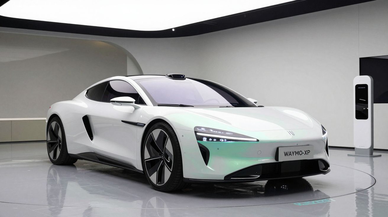 Carro esportivo branco elétrico Waymo-XP em ambiente moderno com estação de recarga elétrica.