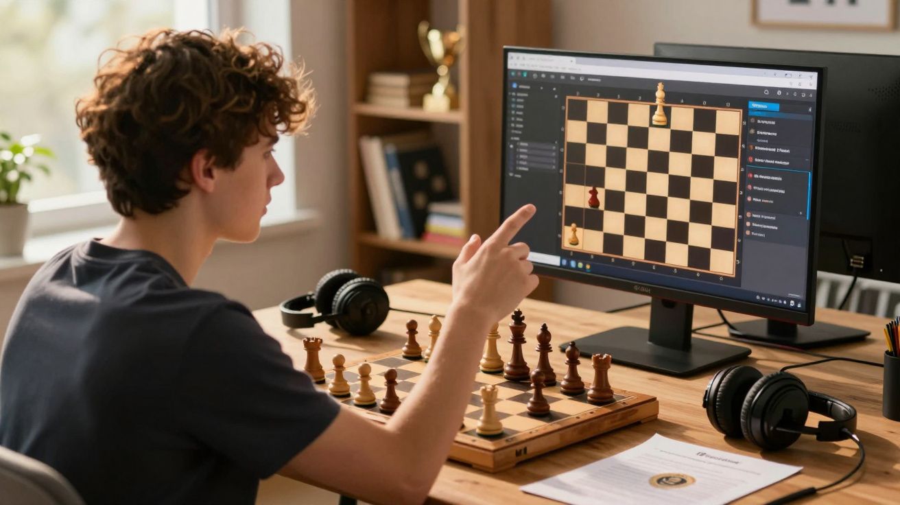 Jovem treinando xadrez com tabuleiro físico e jogo digital em computador em ambiente doméstico.