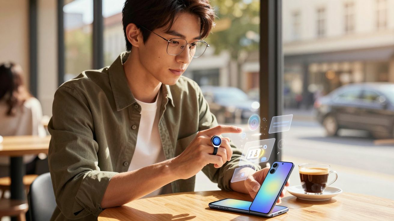 Jovem usando anel inteligente interagindo com hologramas digitais perto de celular dobrável em cafeteria.