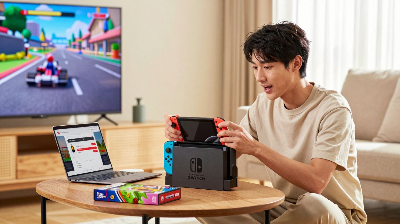 Jovem sentado em sala, colocando console Nintendo Switch na base para jogar vídeo game.