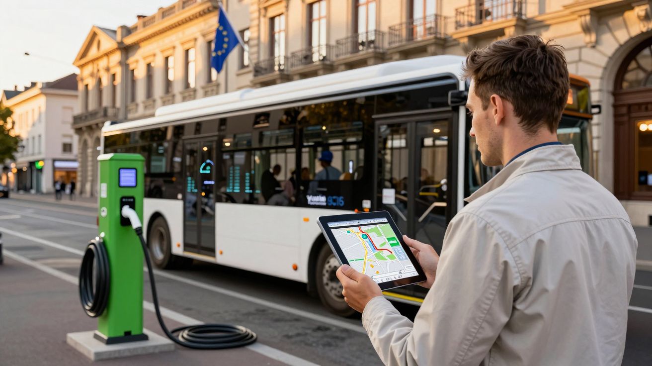 Homem usando tablet com mapa digital perto de ponto de ônibus e estação de recarga elétrica urbana.