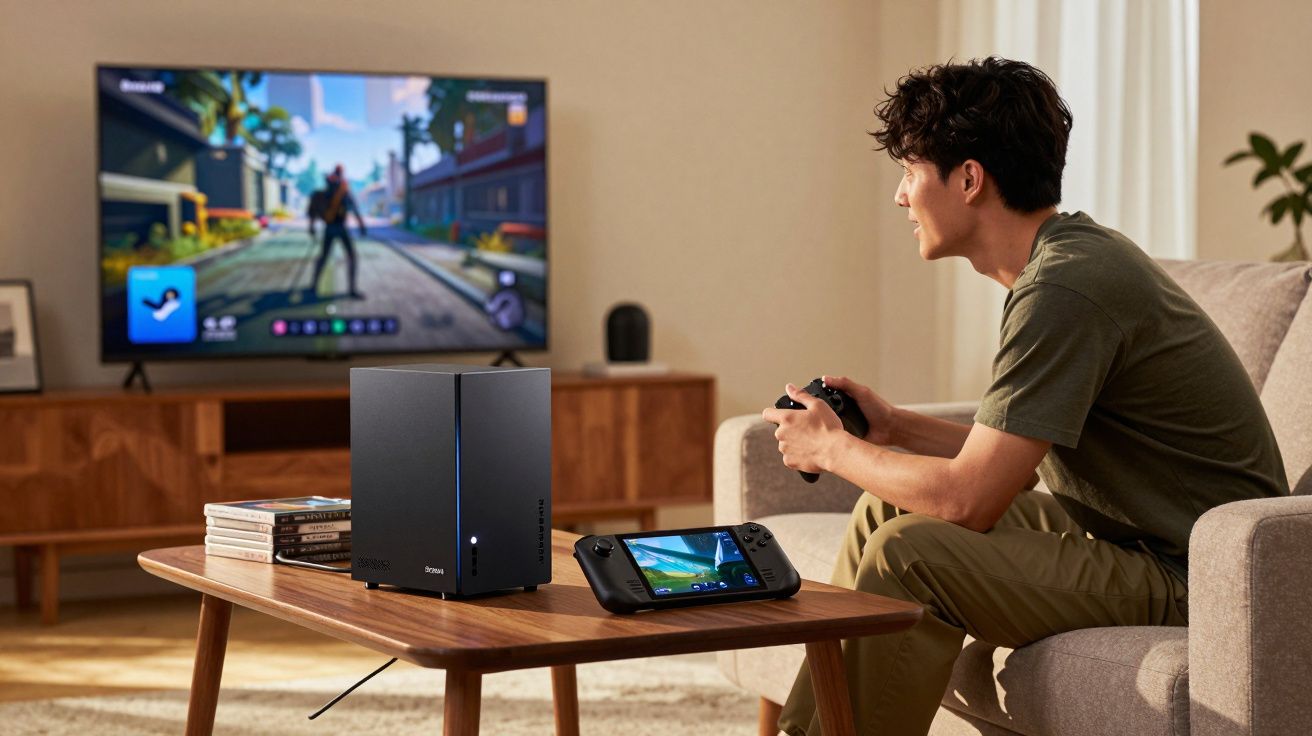 Homem jogando videogame em sala com console e jogo na TV ao fundo.