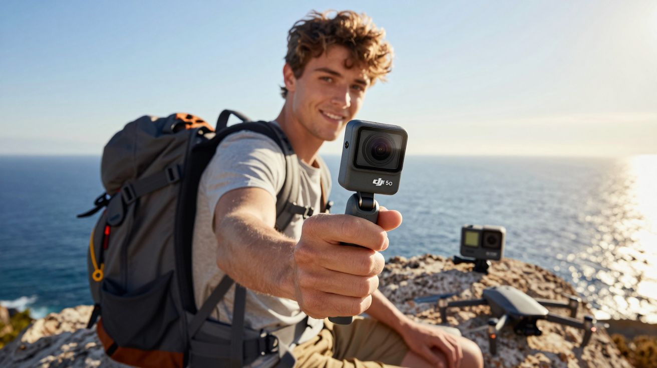 Jovem aventureiro segurando câmera DJI Osmo Action 3 com drone e mar ao fundo na praia.