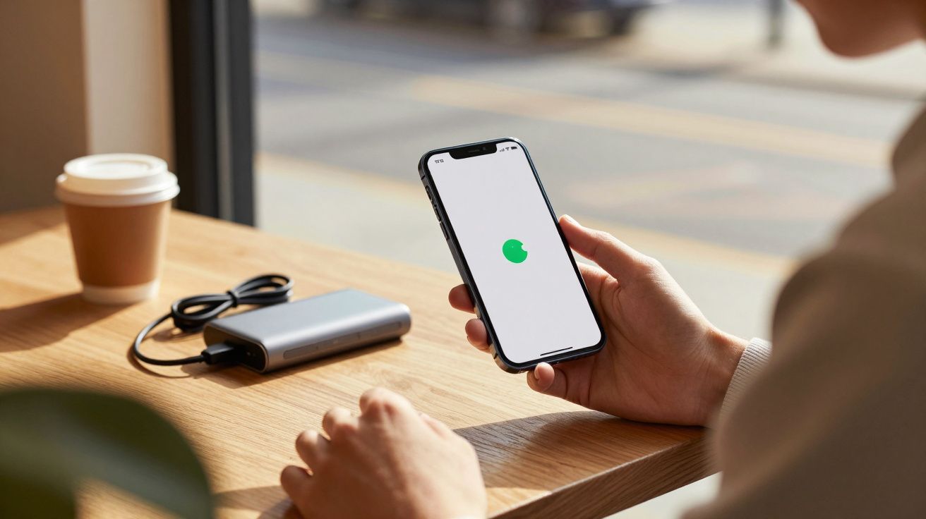 Pessoa segurando smartphone com ícone de carregamento verde, próximo a copo de café e power bank sobre mesa de madeira.