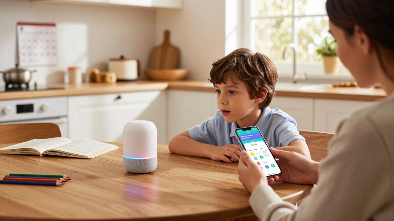 Criança sentada à mesa olhando para assistente virtual enquanto adulto segura smartphone com aplicativo aberto.