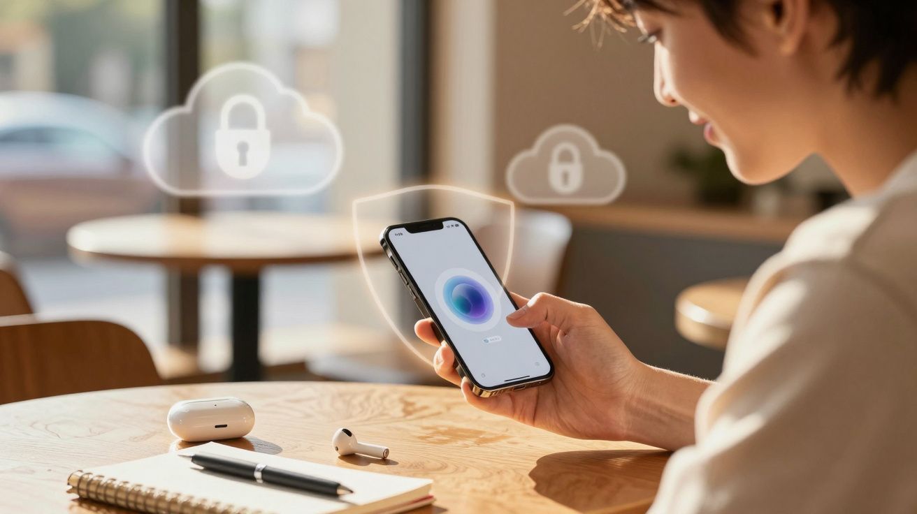 Pessoa segura smartphone com ícones digitais de segurança flutuando, fones e caderno sobre mesa de madeira.