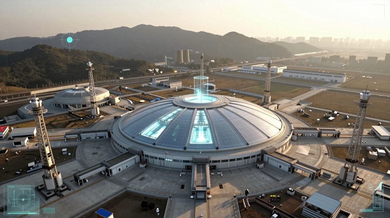 Vista aérea de base futurista com prédio circular e torres, cercada por montanhas ao entardecer.