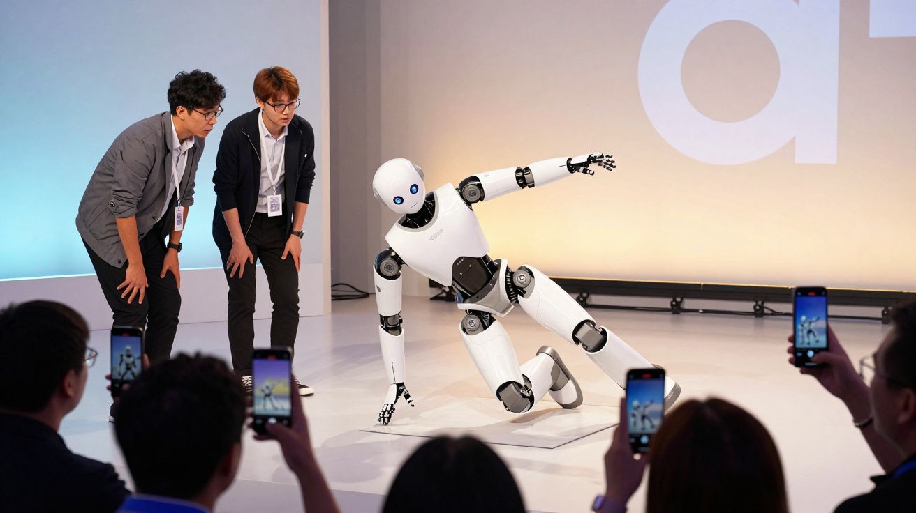 Robô branco realizando pose dinâmica em palco enquanto pessoas tiram fotos com celular.