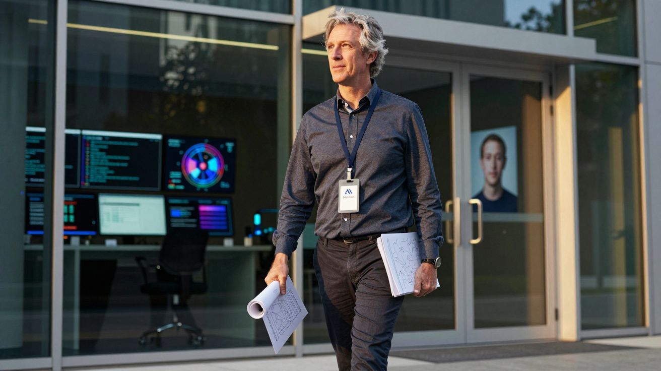 Homem de meia-idade caminhando com documentos na mão diante de prédio com painéis digitais ao fundo.