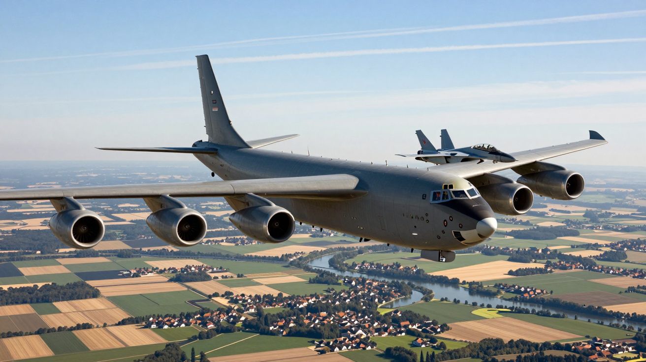 Dois aviões militares voando em formação sobre campos agrícolas e um rio serpenteante.