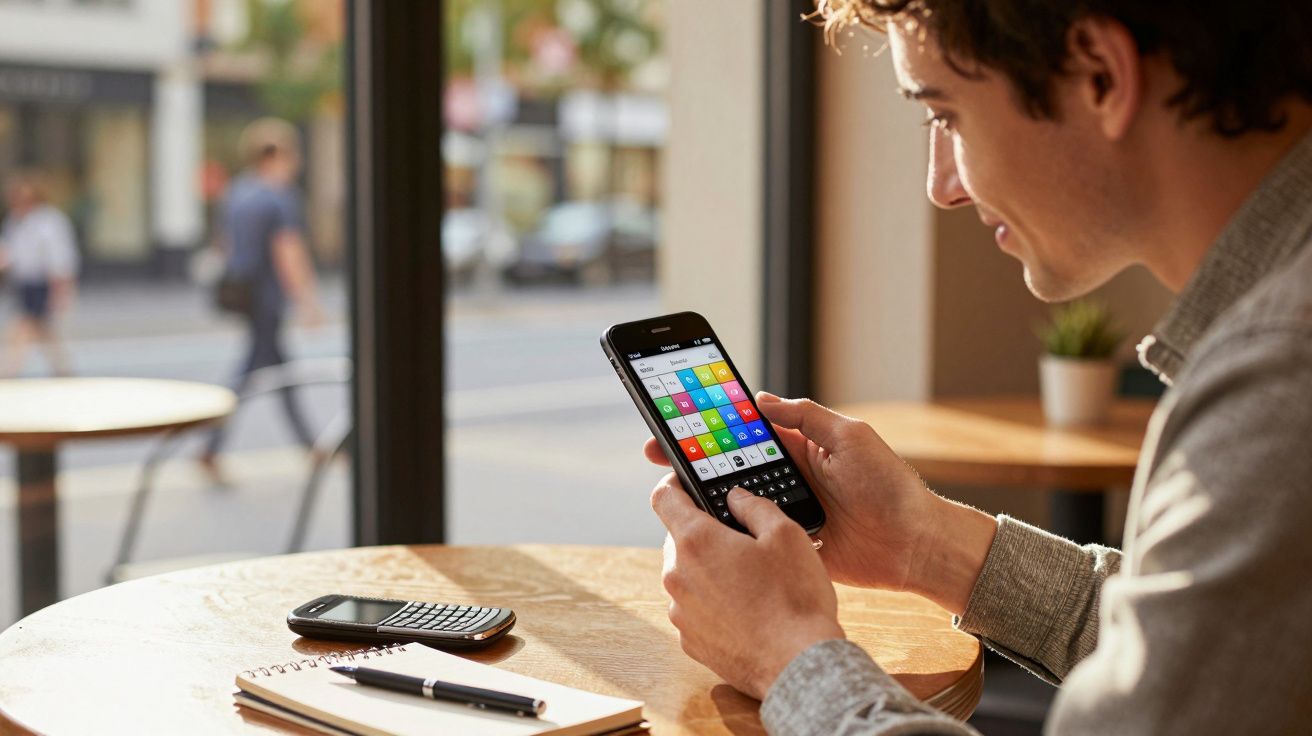 Pessoa jovem usando smartphone em mesa de café, com caderno, caneta e outro celular ao lado.