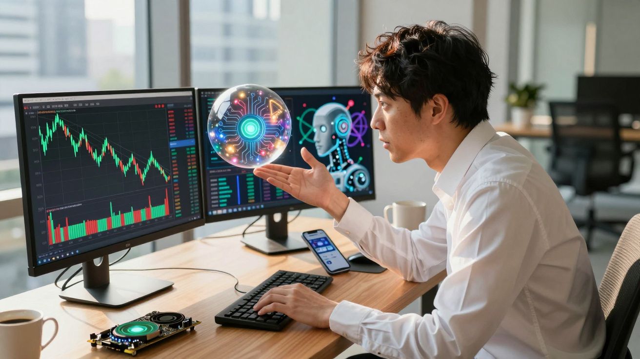 Homem em escritório analisando gráficos financeiros e inteligência artificial em dois monitores de computador.