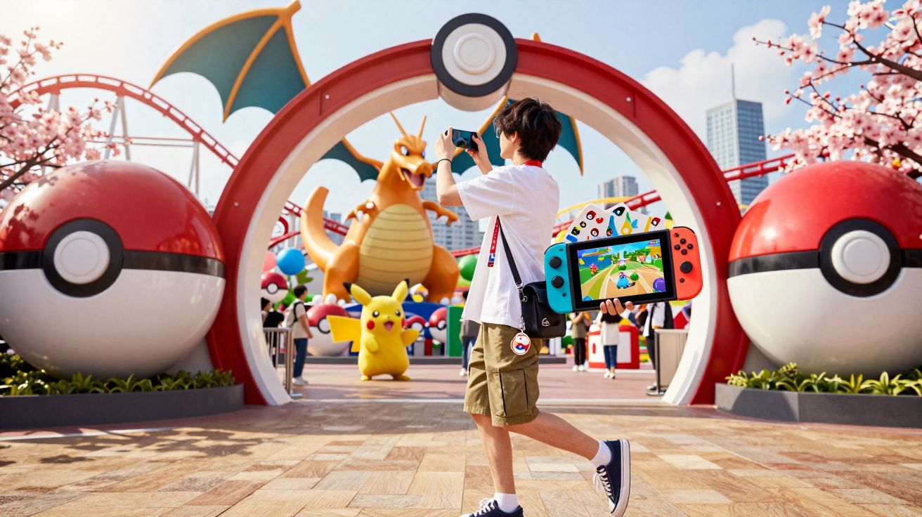 Jovem fotografando entrada temática de Pokémon com estátuas de Charizard e Pikachu em parque de diversões.