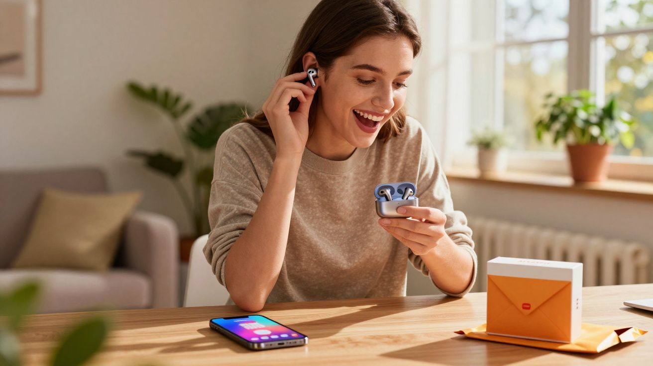 Mulher sorrindo coloca fone de ouvido sem fio enquanto segura estojo aberto em uma sala iluminada.